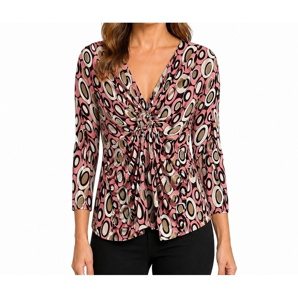 AB Studio Womens Large Pink Brown Geometric Mod O-Ring V-Neck 3/4 Sleeve Top USA